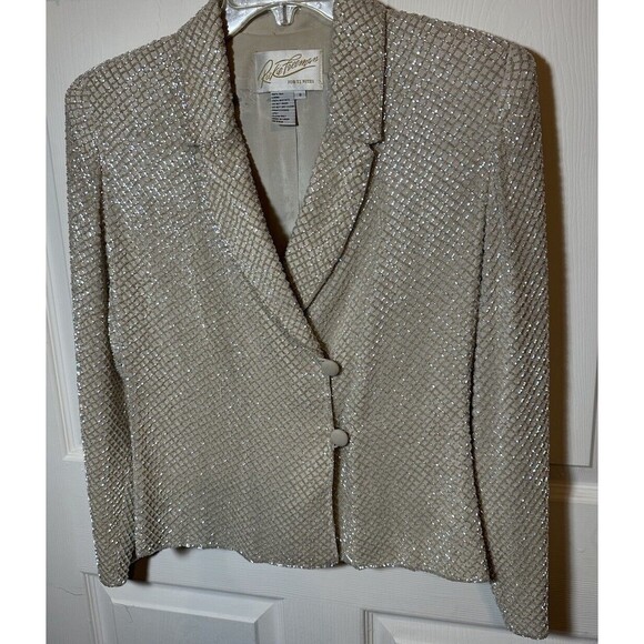 Rickie Freeman for Tj Nites Blazer Wm Sz 8 Clear Iridescent Seed Bead 100% Silk - Picture 5 of 10